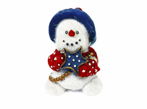 Cheerful snowman holding blue star