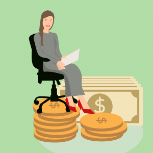 Woman sitting in chair on pile of money